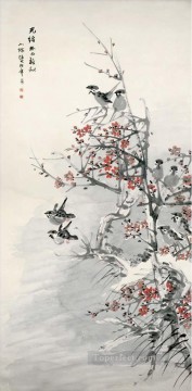  plum Art - Ren bonian plum blossom and sparrows old Chinese